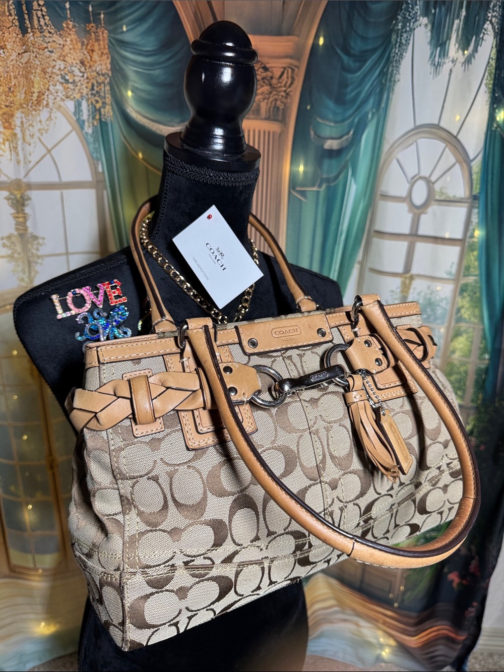 Coach Beige Signature Canvas Shoulder Bag with Tan Leather Trim EUC